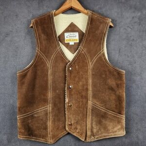 Vintage Grais Sueded Cowhide Vest Mens Medium Brown Sherpa Lined Western